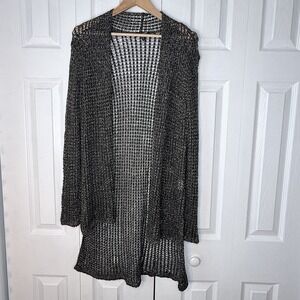 EILEEN FISHER Black Metallic Thread Open Knit Linen Blend Cardigan Size Medium